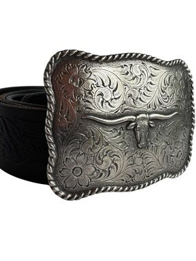 Nocona Longhorn Buckle + Tooled Leather Belt Mens 42 Black Silver Tone Cowboy